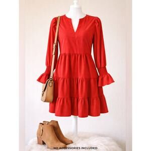 Pomander Place Red Tiered Babydoll Dress Small Smocked Sleeve Boho Mini